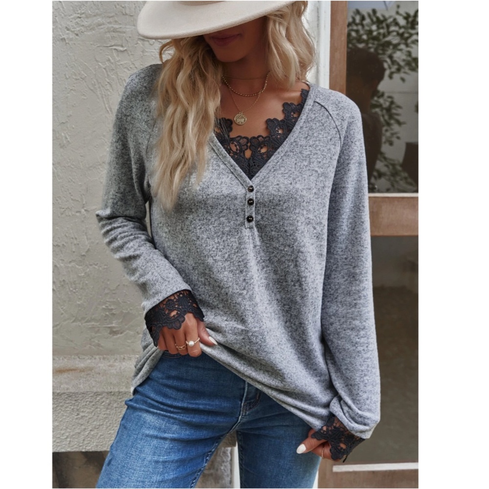 Grey Casual Marled Long Sleeve Tee Shirt V neck Buttons Contrast Black Lace - Picture 7 of 9